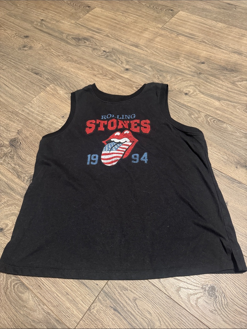 the Rolling Stones Black Tank Top with Red, White & Blue Tongue Graphic